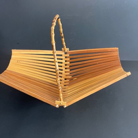 Set of  2 Vintage Mid-Century Bamboo Teak Folding Fruit Bowls w/ Handle, 1950s - Picture 2 of 9